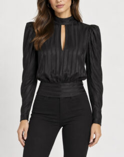 FRAME Jacquard Keyhole Blouse XS Black 100% Silk Puff Sleeve Top