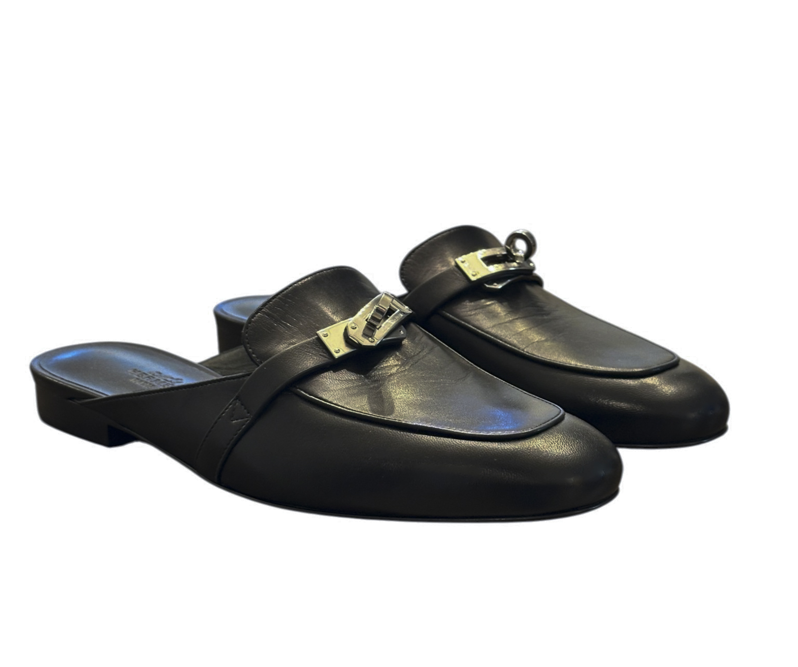 Hermes Mules 38 Oz Black Smooth Goatskin Leather Silver Kelly Buckle Loafers NIB - Image 3