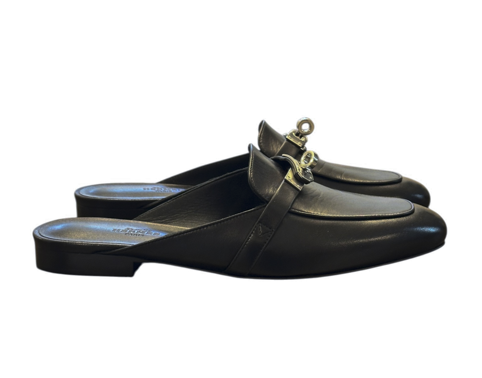 Hermes Mules 38 Oz Black Smooth Goatskin Leather Silver Kelly Buckle Loafers NIB - Image 2