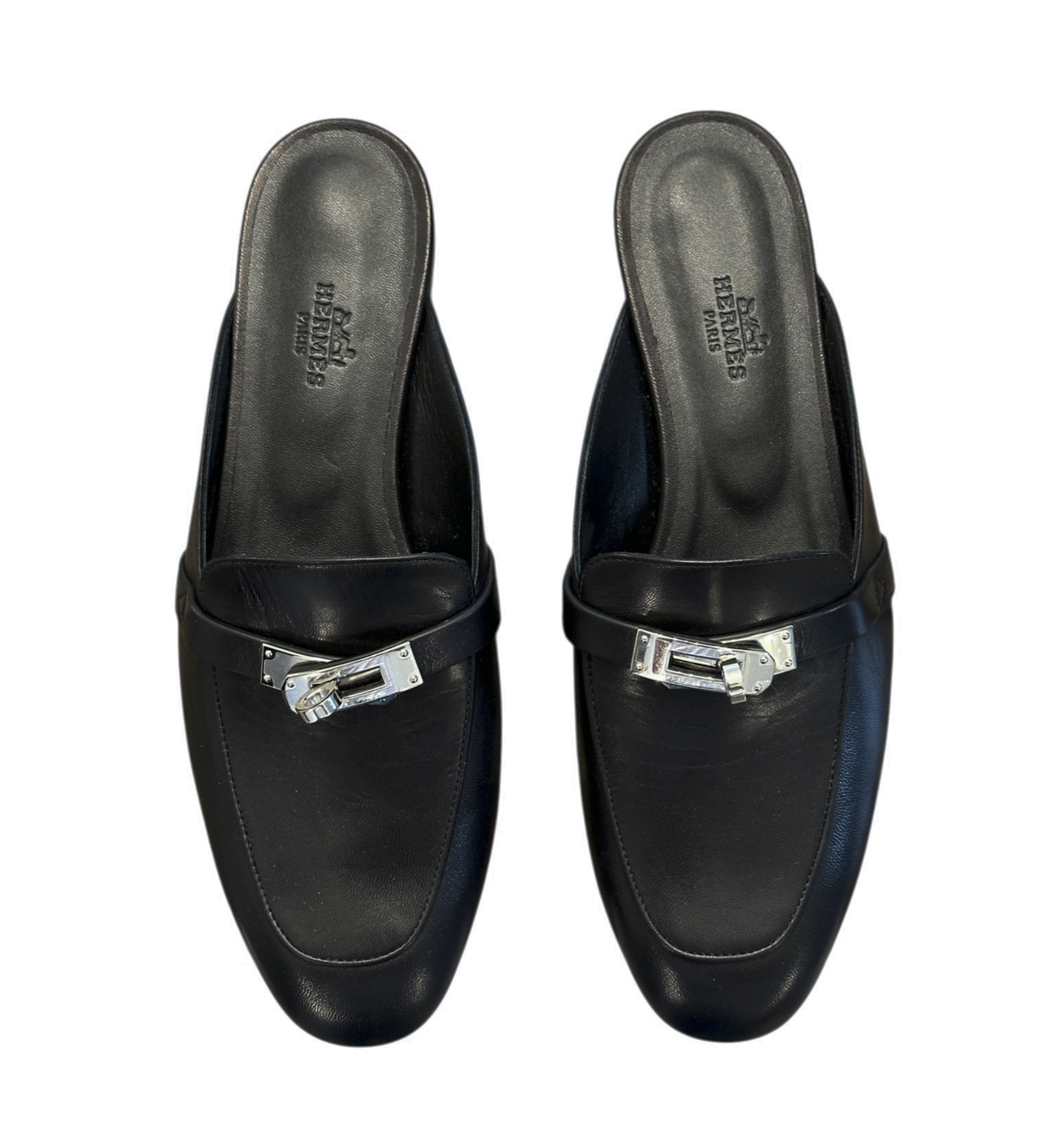 Hermes Mules 38 Oz Black Smooth Goatskin Leather Silver Kelly Buckle Loafers NIB - Image 5