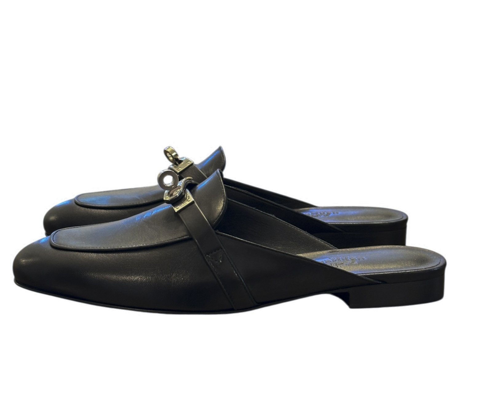 Hermes Mules 38 Oz Black Smooth Goatskin Leather Silver Kelly Buckle Loafers NIB - Image 4