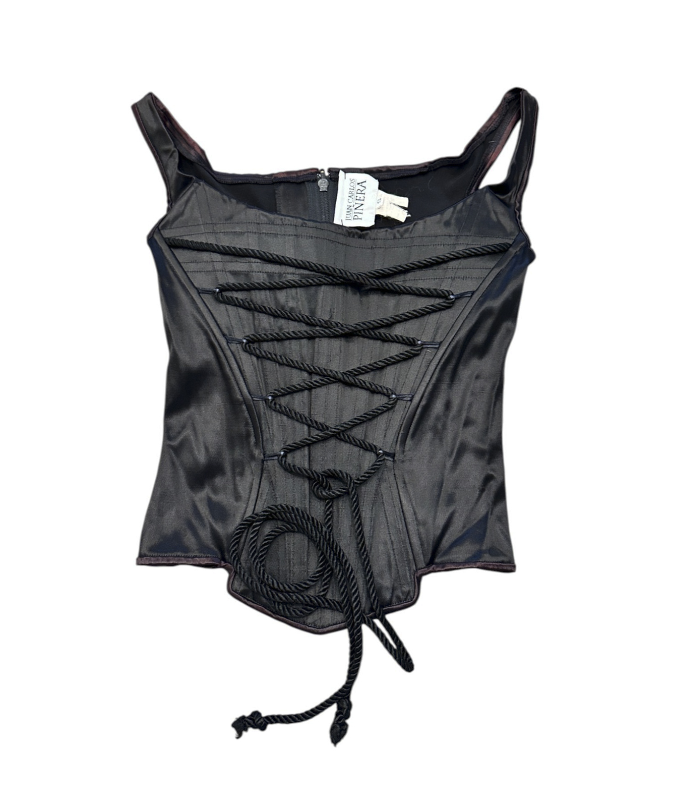 Juan Carlos Pinera Corset Top Womens Small Vintage Black Satin Lace Up Square Neck - Image 2