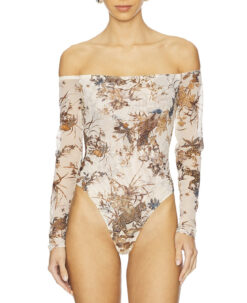 L'AGENCE Peonie Bodysuit Womens XS Off Shoulder Ecru Tapestry Jungle Floral NWT