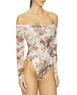 Alternative view of L'AGENCE Peonie Bodysuit Womens XS Off Shoulder Ecru Tapestry Jungle Floral NWT