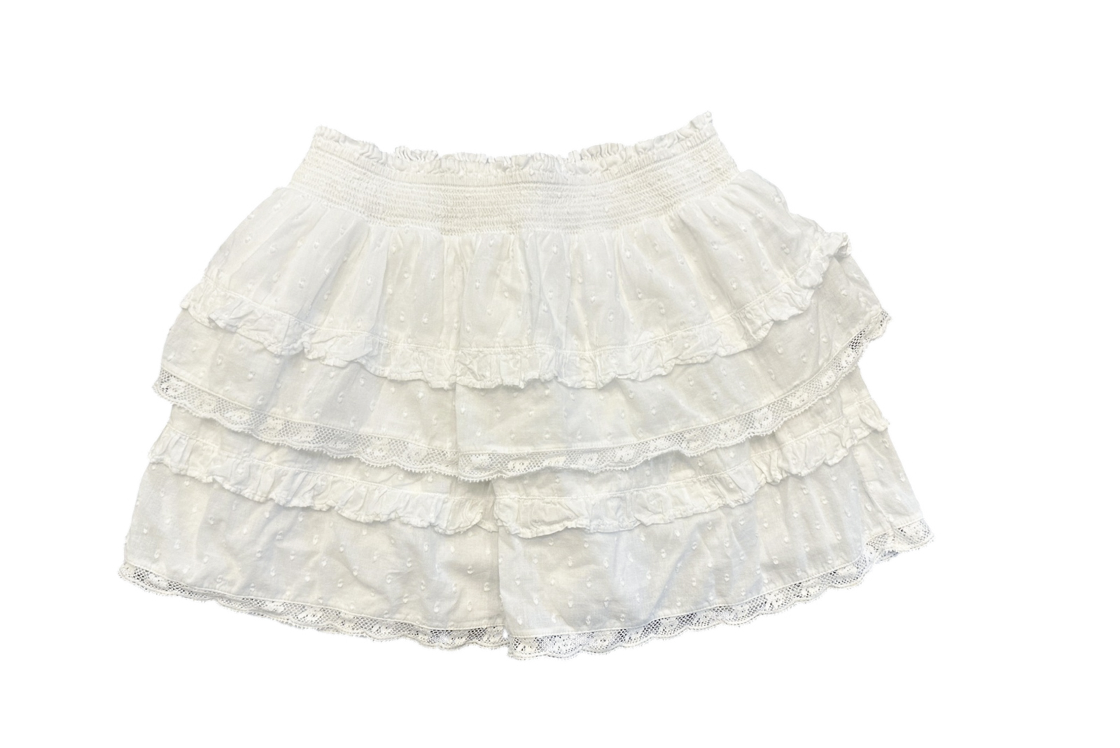 LoveShackFancy Mini Skirt Womens XXS White Swiss Dot Lace Ruffle Tiered Smocked - Image 2