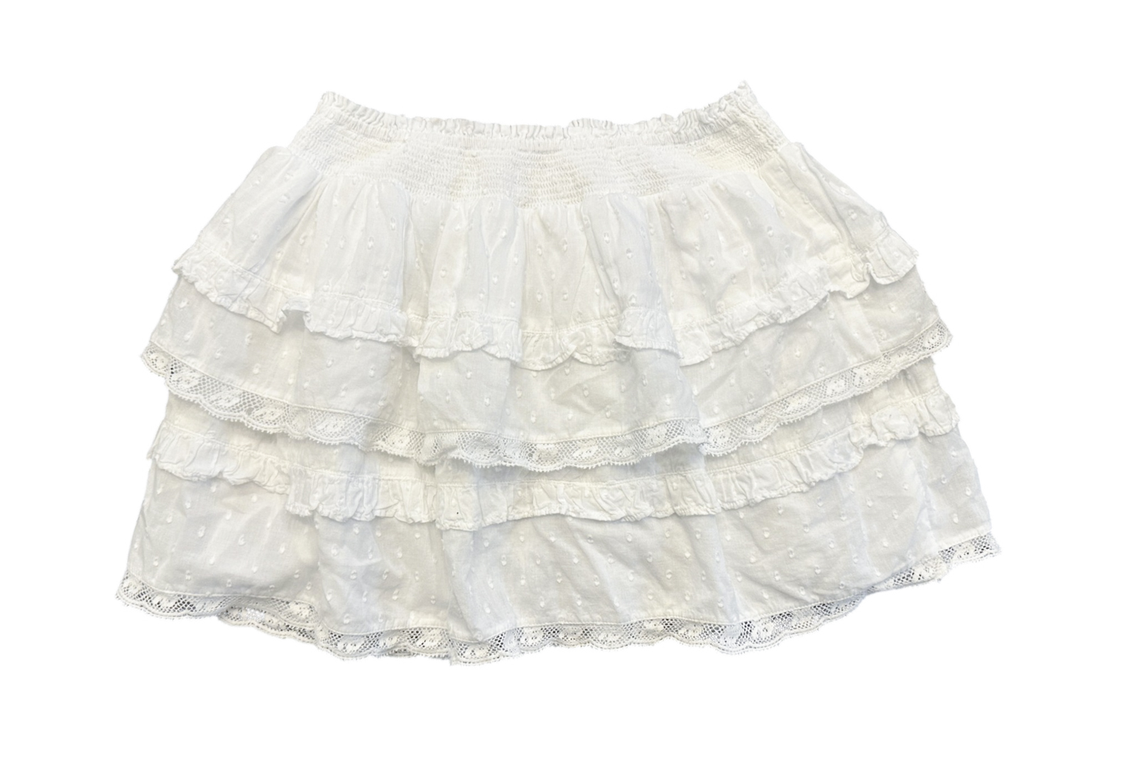 LoveShackFancy Mini Skirt Womens XXS White Swiss Dot Lace Ruffle Tiered Smocked - Image 4