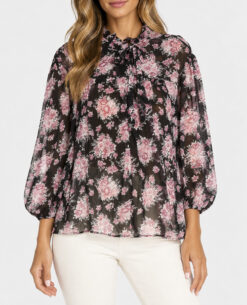 LoveShackFancy Gamela Black Pink Floral Silk Ruffle Tie Neck Blouse Top XS