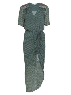 Alternative view of Veronica Beard Mariposa Silk Midi Wrap Dress Size 6 Green Floral Ruched Slit