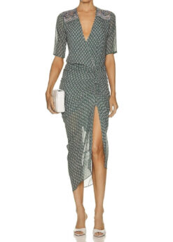 Veronica Beard Mariposa Silk Midi Wrap Dress Size 6 Green Floral Ruched Slit