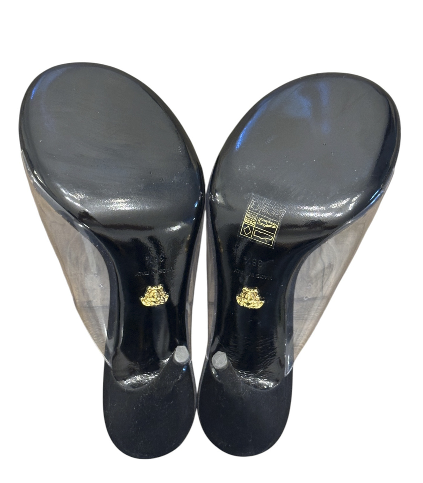 Versace Medusa Clear PVC Black Stiletto Mule Sandals Heels 39.5 Box - Image 6