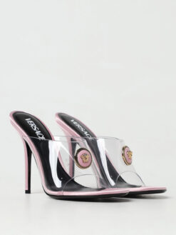 Versace Alia 120mm Pink Satin Clear PVC Medusa Mule Sandals Heels 38.5