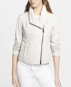 Vince Leather Scuba Jacket Womens XS Ivory Cream Asymmetric Zip Moto Biker