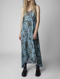 Zadig & Voltaire Risty Boho Dress Womens XS Blue Floral Lace Trim Hi Low Midi