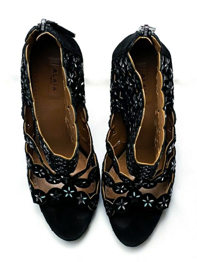 ALAIA BLACK SUEDE CRYSTAL EMBELLISHED OPEN TOE PLATFORM CAGED SANDALS BOOTIES 40 - AGENT CLOSETEUR