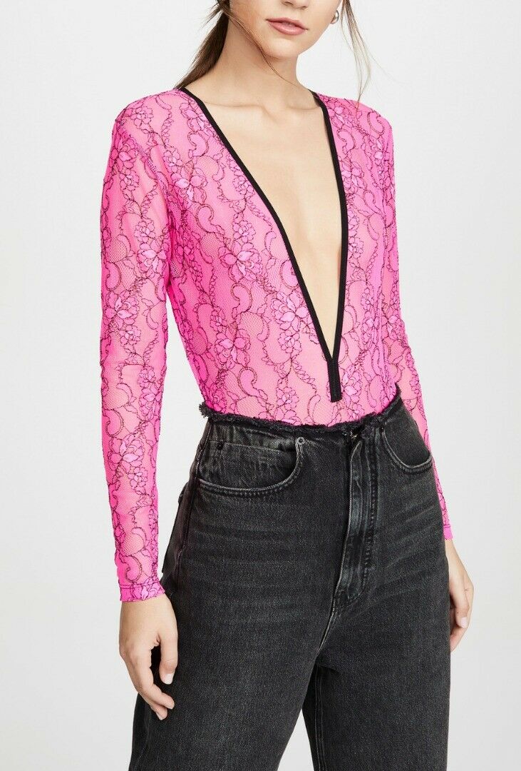 NATASHA-ZINKO-NEW-PINK-ELASTIC-LACE-PLUNGE-NECK-BODYSUIT-TOP-SIZE-408-203189240093