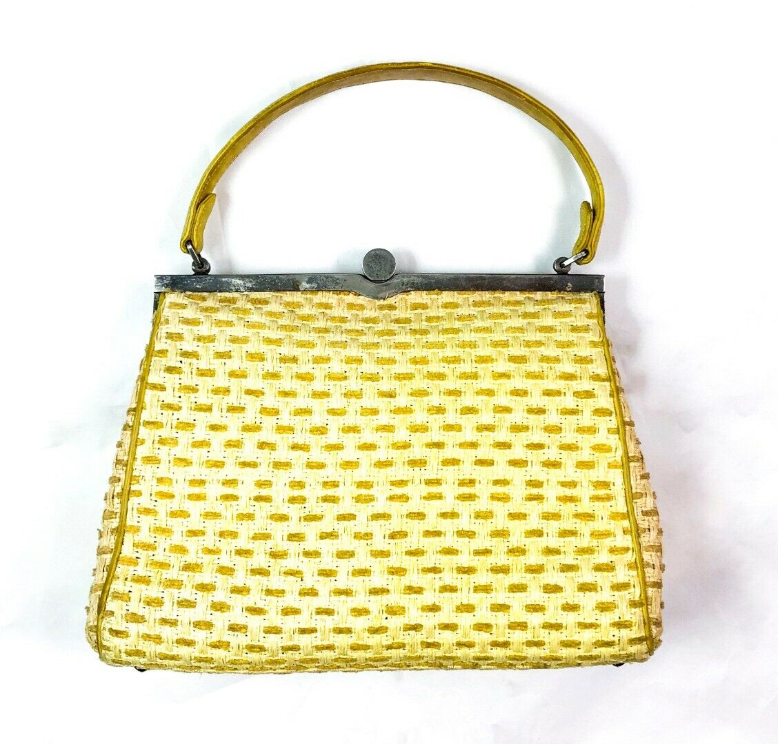 LOEWE VINTAGE YELLOW RAFFIA & LEATHER STRUCTURED TOP HANDLE BAG