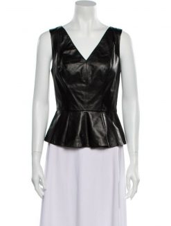 ROBERT RODRIGUEZ NEW BLACK LEATHER V-NECK PEPLUM TOP BLOUSE SIZE 0