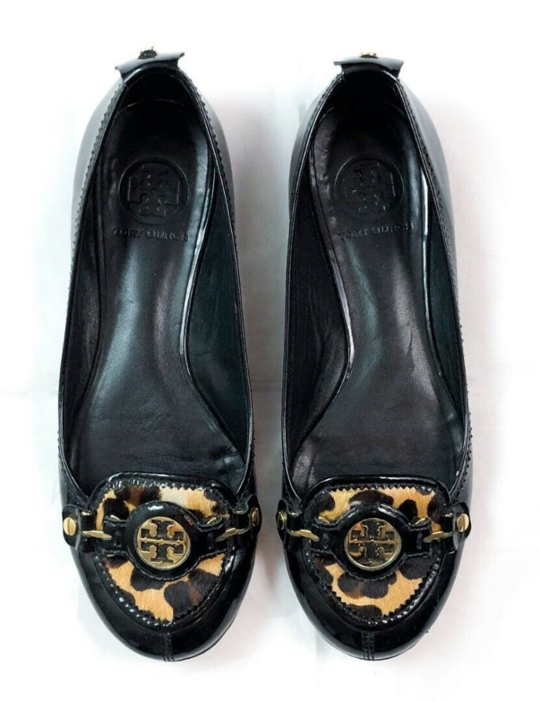 TORY BURCH BLACK PATENT LEATHER LEOPARD CALF HAIR LOGO LOAFER BALLET FLATS 7.5