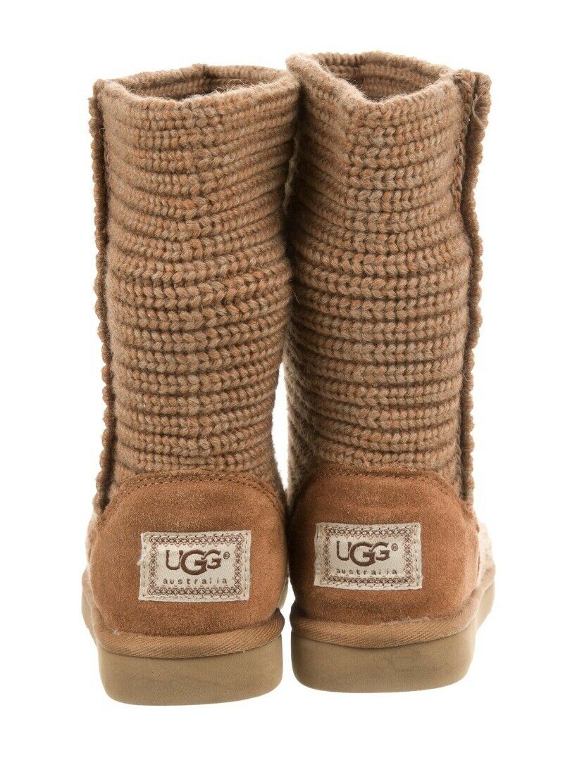 UGG AUSTRALIA CHESTNUT CROCHET KNIT SHEARLING LINED TALL BOOTS SIZE 38/